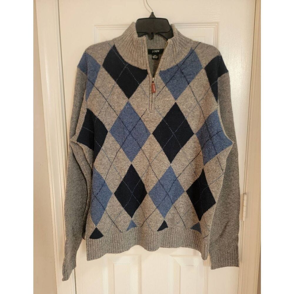 J.Crew Wool Argyle Grey Blue Sweater 1/2 Zip L